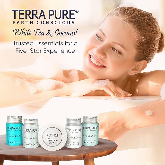 Terra Pure White Tea & Coconut Toiletries Set | 1-Shoppe Amenities Kit | 1oz Shampoo & Conditioner, Body Wash, Lotion, 1.25oz Bar Soap | Travel Size | 150 Pieces
