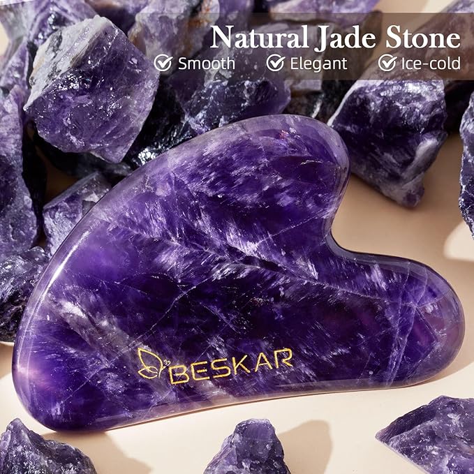 BESKAR Gua Sha Facial Tools, Natural Jade Stone Guasha Massager for Jawline Sculpting, Tighten Face Skin and Reduce Wrinkles, Face Eyes Body Neck Massage Tool, Skin Care Gift