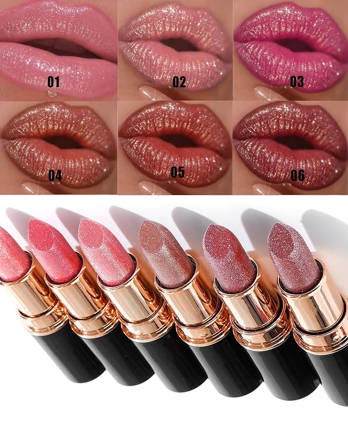 Nude Pink Metallic Glitter Lipstick Long Lasting, Diamond Shimmer Lip Gloss High Pigmented Lip Red Color Matte Lip Stick for Women, Sparkling Shiny Transfer Proof Non Stick Tinted Lip Balm Makeup-01