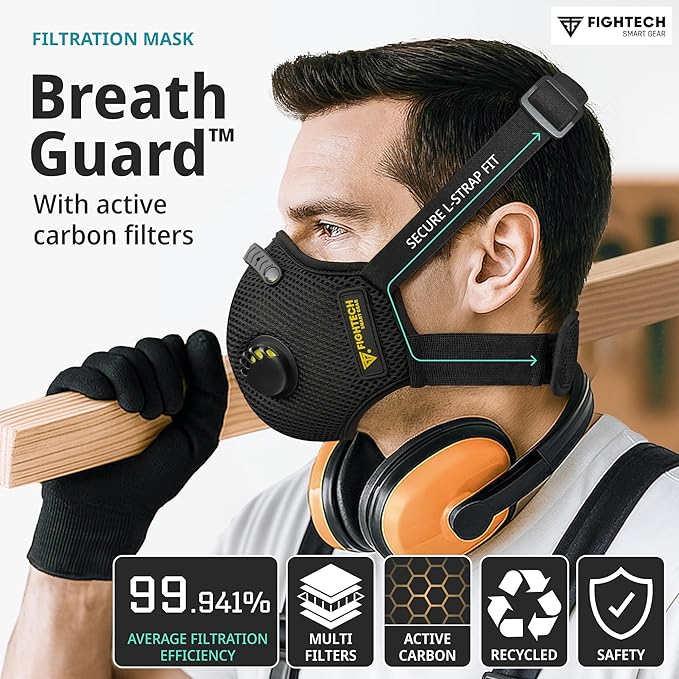 FIGHTECH Dust Mask – 3 SIZES - Reusable Face Mask with Carbon Filters and Air Valves for Woodworking, Construction, Moving