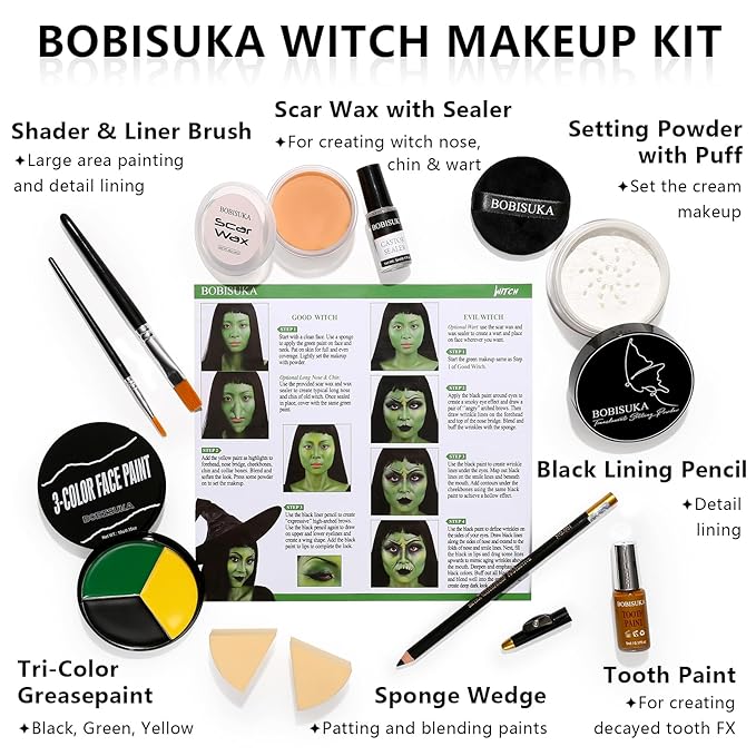 Halloween Witch Makeup, Complete Green Witch Make Up Kit SFX Character Set with Face Paint, Scar Wax for Special Effects Costume Makeup, Dress-Up Cosplay Party, Stage & Theater