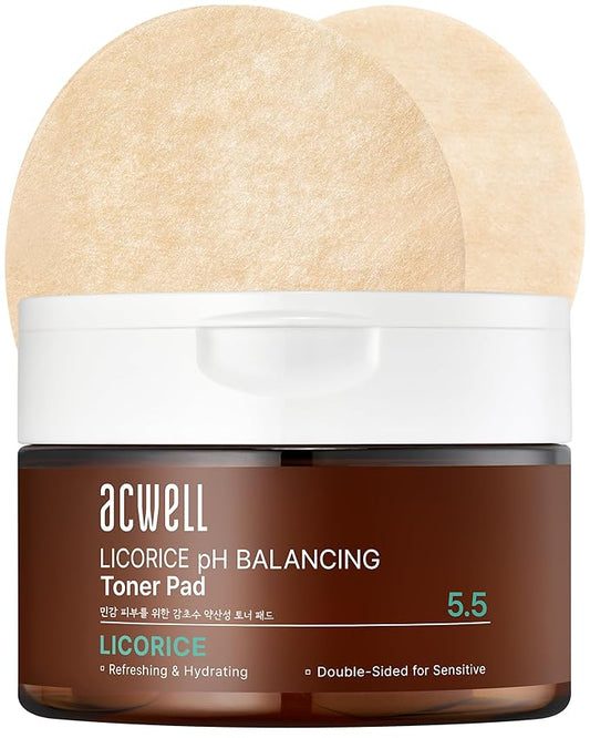 ACWELL Licorice pH Balancing Toner Pad - Vegan Cotton Pad, Double-sided Toner Pads for Blemish and Soothing Care - Korean Daily Skincare - Improves Uneven Skin Tone, 70pads, Transparent
