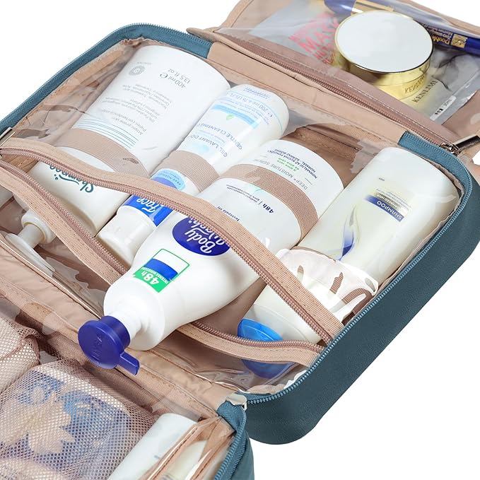 NISHEL Travel Toiletry Bag for Women Large Capacity, Makeup Essentials Organizer, Hanging Case for Accessories, Cosmetics, Lake-Blue