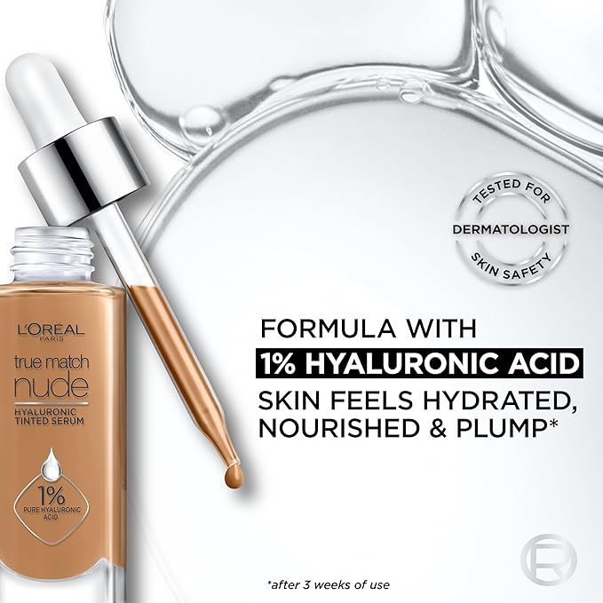 L'Oreal Paris True Match Nude Hyaluronic Tinted Serum Foundation with 1% Hyaluronic acid, Very Light 0.5-2, 1 fl. oz.