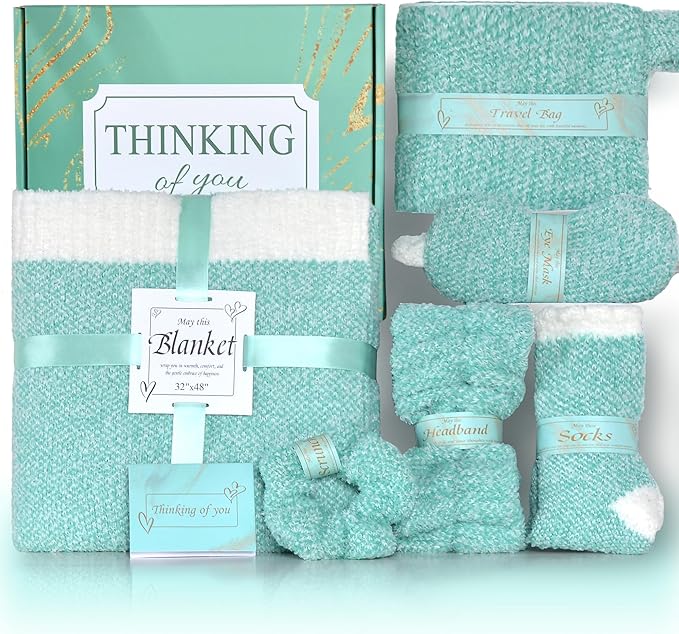 JOOJA Birthday Get Well Soon Cozy Gift Basket Care Package for Women with Blanket, Fuzzy Socks, Eye Mask, Headband Cozy Essentials - Green