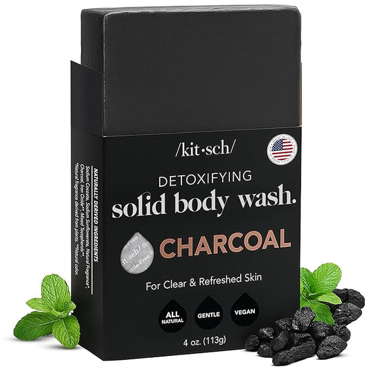 Kitsch Charcoal Soap Body Wash Bar – Detoxifying Bar Soap with Activated Charcoal – Gently Removes Excess Oil & Impurities, Clears Pores, Firms & Moisturizes Skin – Made in USA - 4 oz