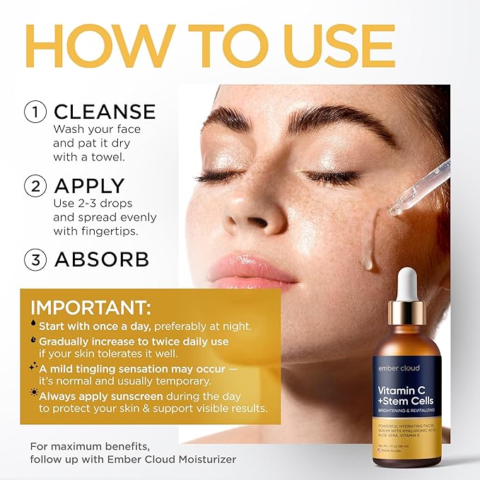 Vitamin C Serum for Face with Stem Cells Hyaluronic Acid Vitamin E Aloe Vera For All Skin Types Anti-Aging Face Seru Supports Skin Health & Even Tone Day and Night Made in USA 1 Oz