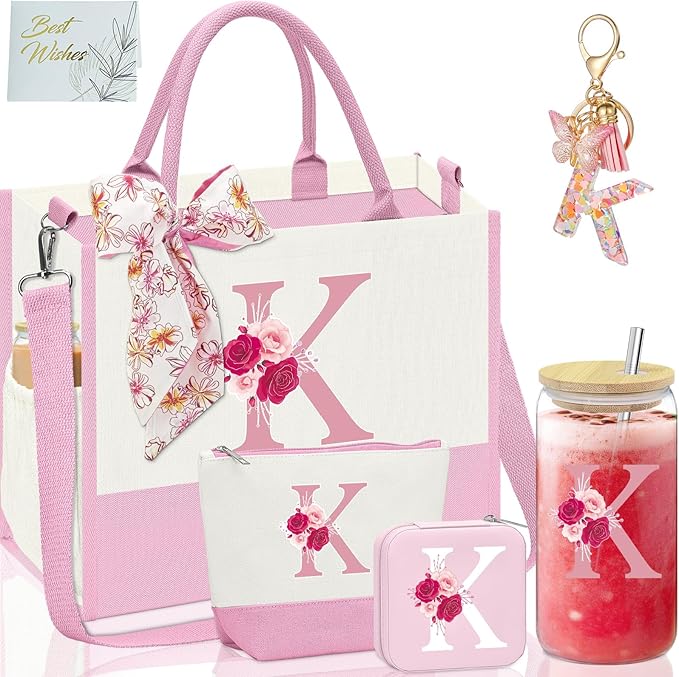 Gifts for Mom,Birthday Gift for Women,Initial Canvas Tote Bag,Thank You Gifts for Women,Monogrammed Gift for Mom,Tote Bag for Teacher,Colleague Woman-K