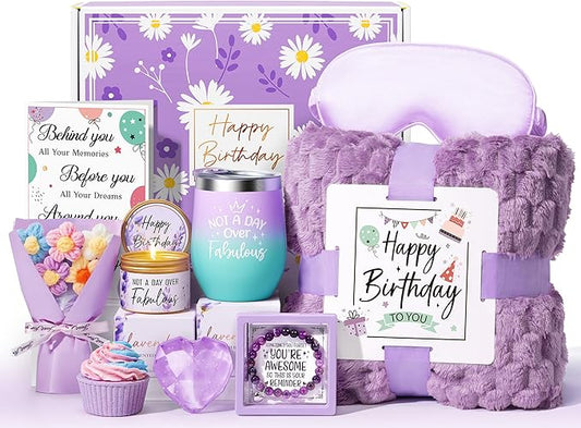 Birthday Gifts for Women Friendship, Unique Happy Birthday Gifts Basket for Mom Her Best Friend Sister Wife Girlfriend Coworker Teacher, Luxury Self Care Box Lavender Relaxing Spa Gifts Set w/ Blanket