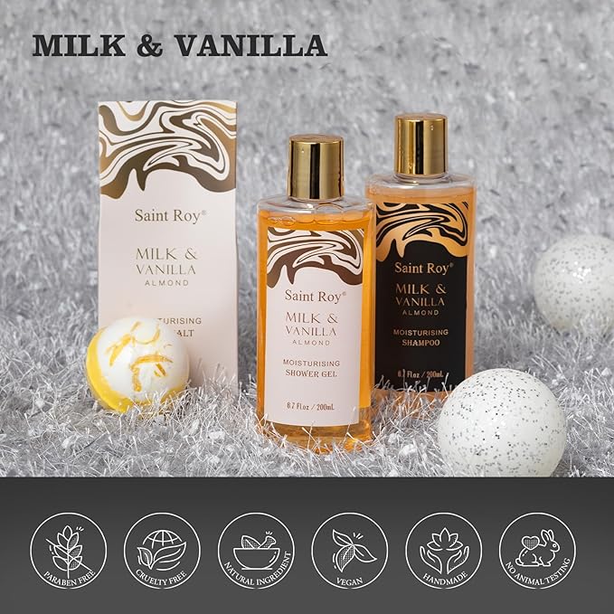Saint Roy for Men & Dad Bath and Body Almond Milk Vanilla Spa Gifts for Women, Bath Gift Set Shower Gel, Scent Lotion, Bath Bomb Spa Gift Basket, Bath Care Set Birthday Holiday Home Spa Gifts