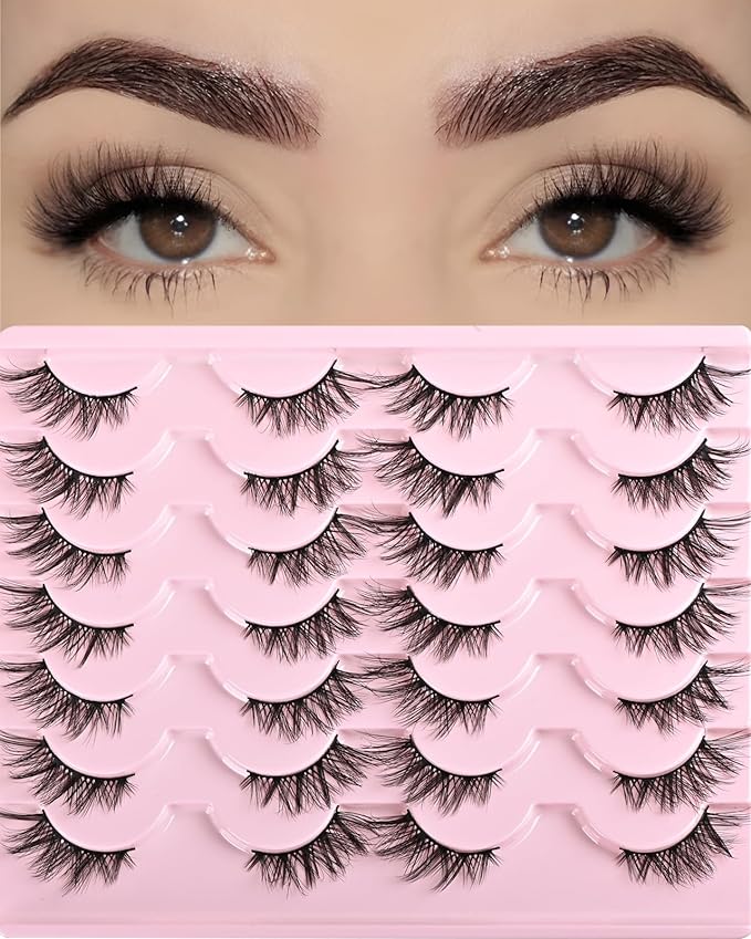 FARRED Half Eyelashes Natural False Lashes Wispy Cat Eye Strips Eyelash 14 Pairs Faux Mink Strip Eye Lashes Pack for Daily Makeup (F20 | 8-15 mm)