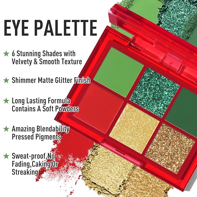 BOBISUKA Eyeshadow + Matte Lipstick Makeup Set, 6 Colors Green Red Shimmer Matte Gold Glitter Eye Shadow Pallet with Green Liquid Lipstick Makeup Kit for Christmas, Halloween, St Patricks Day