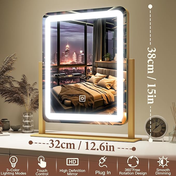 FENNIO Vanity Mirror with Lights - 15"x12.6" LED Lighted Makeup Mirror, Large Makeup Mirror with Lights, Touch Screen with 3-Color Lighting, Dimmable, for Vanity Desk Tabletop, Bedroom Gold