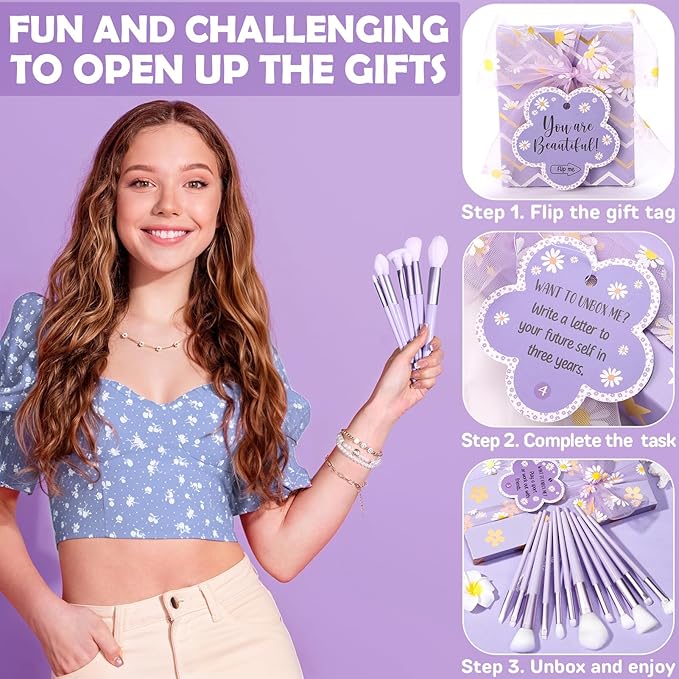 Birthday Gifts for Tween Teen Girls - 8 PCS Gifts Basket Teen Girl Gifts Trendy Stuff Girls Fun Empower Gift Box w/Task Tags Make up Brushes Makeup Bag, Graduation Gifts Idea for Her Niece Daughter