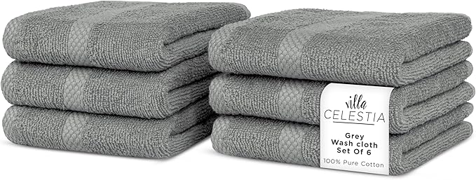 100% Cotton Wash Cloth for face & Body Set of 6, (12 x 12 inches) Sustainable, Soft, Highly Absorbent, Combed Cotton Wash Cloths Pack of 6 for Hotels, Spa, Bathroom, Dorm, Grey