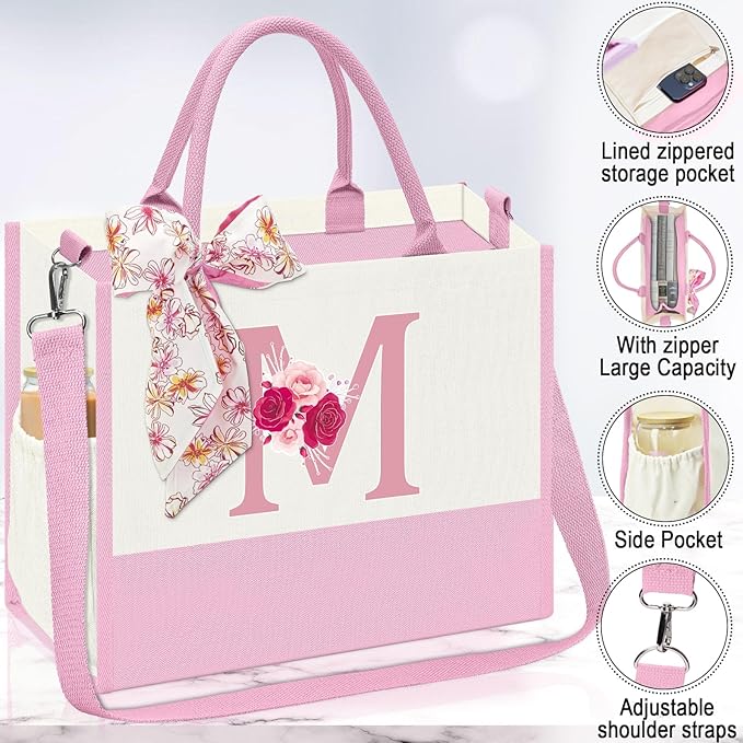 Monogrammed Gifts for Women,Personalized Gift for Women,Initial Canvas Tote Bag,16oz Initial Glass Cup,Makeup Bag for Sister,Jewelry Organizer Box,Birthday Gifts for Aunt Niece-M