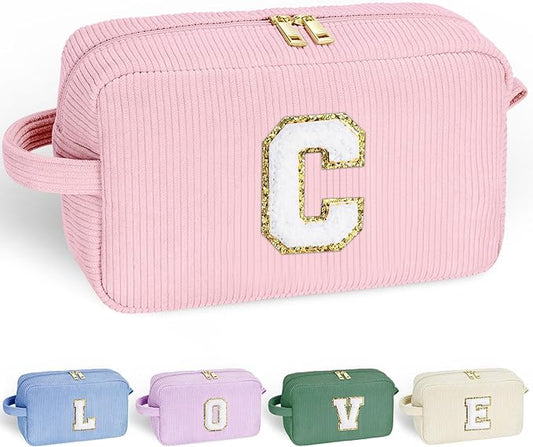 YOOLIFE Cute Initial Travel Makeup Bag - Girls Cosmetic Bag Skincare Bag Make Up Bag Teen Girl Gifts Trendy Stuff Monogram Makeup Bag Sister Daughter Friend Bridesmaid Gifts for Girl Women Letter C