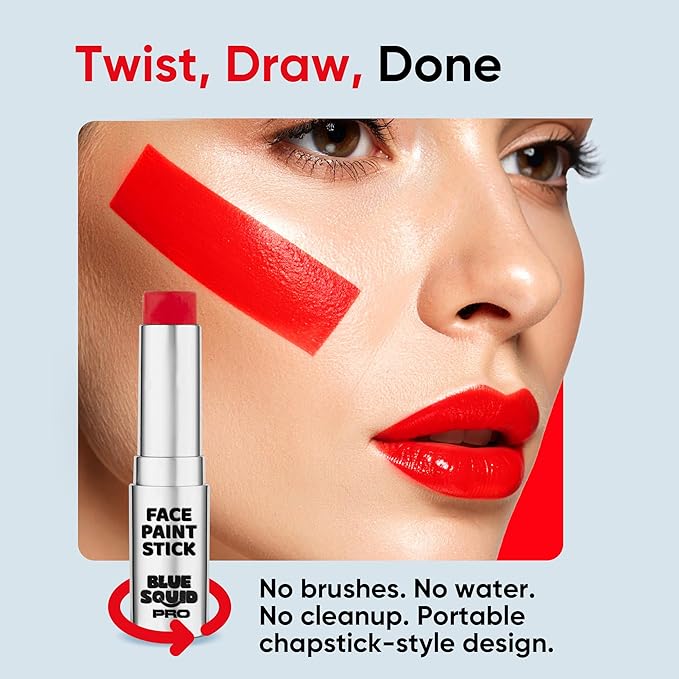 Blue Squid PRO Red Face Paint Stick - Waterproof Body Paint for Adults & Kids Eye Black Baseball, Eyeblack Softball - Vegan Hypoallergenic Twist-Up Non-Toxic Makeup Stick for Cosplay, Sports & SFX