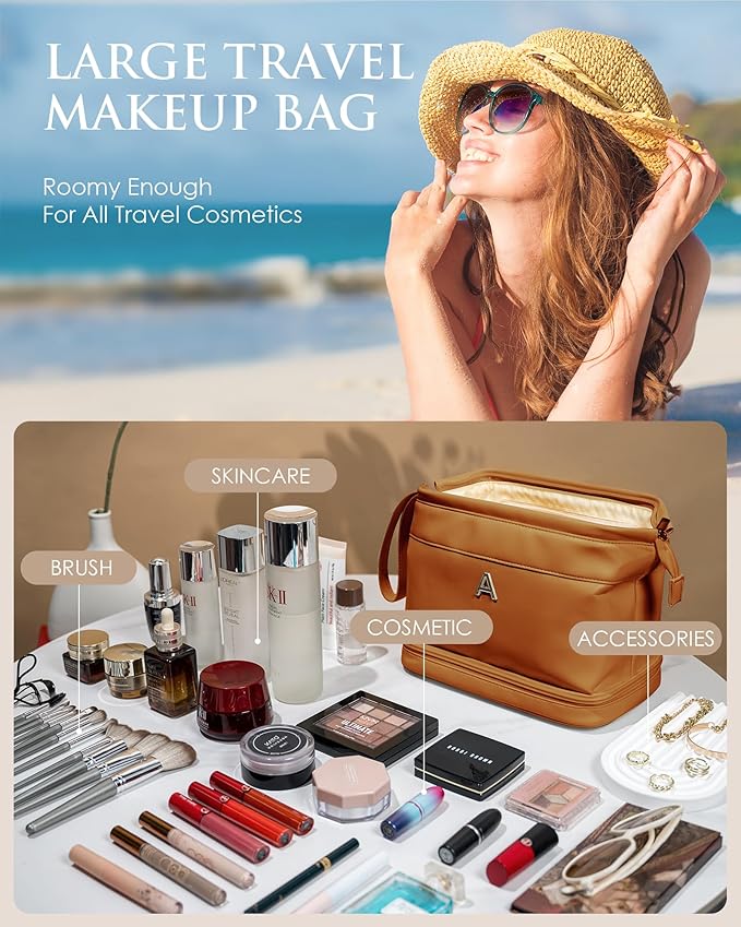 Gifts for Travelers, Personalized Makeup Bag, Monogrammed Gifts, Initial Double Layer Cosmetic Bag with Makeup Brush Organizer, Travel Toiletry Bag, Gifts for Female Mom, Teen Girl Gifts