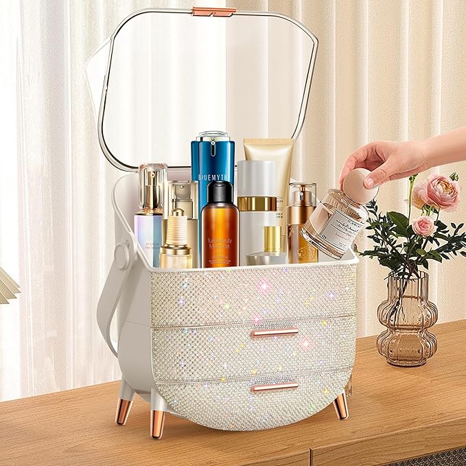 Bling Makeup Organizer for Teen Girl Gift,Hollywood Vanity Makeup Storage Box for Girl Birthday Gift,Practical Gift for Daughter,Bathroom Organizer,Skincare Organizer (Rhinestone White)