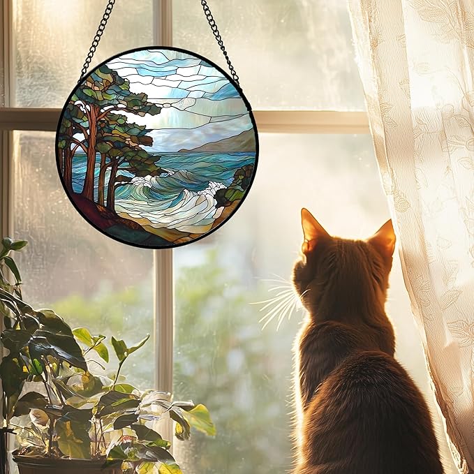 Stained Glass Window Hanging 4 Pcs Set Ocean Waves 7.8" - Blue and White Sea Suncatcher Door Garden Sun Catcher Decor Birthday Christmas for Mom Woman Nana Men