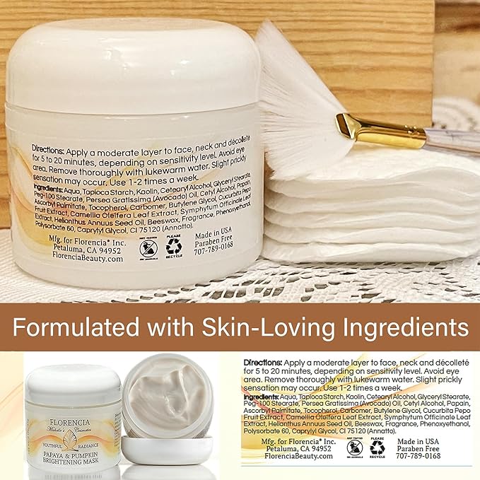 Florencia Papaya & Pumpkin Brightening Mask - Soft and Creamy, Gentle Exfoliating Facial Mask for Smoother, Brighter, Revitalized Complexion - Exfoliate, Renew and Glow, 2 oz