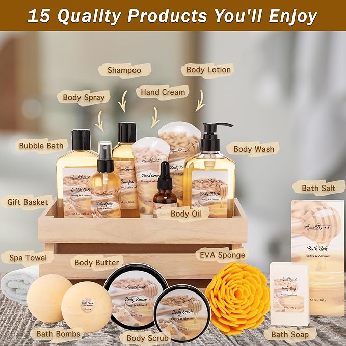 Bath Spa Gift Sets - Luxury Basket With Honey & Almond - Spa Kit Includes Wash, Bubble Bath, Lotion, Bath Salts, Body Scrub, Shower Puff, Bathbombs, Soap and Towel
