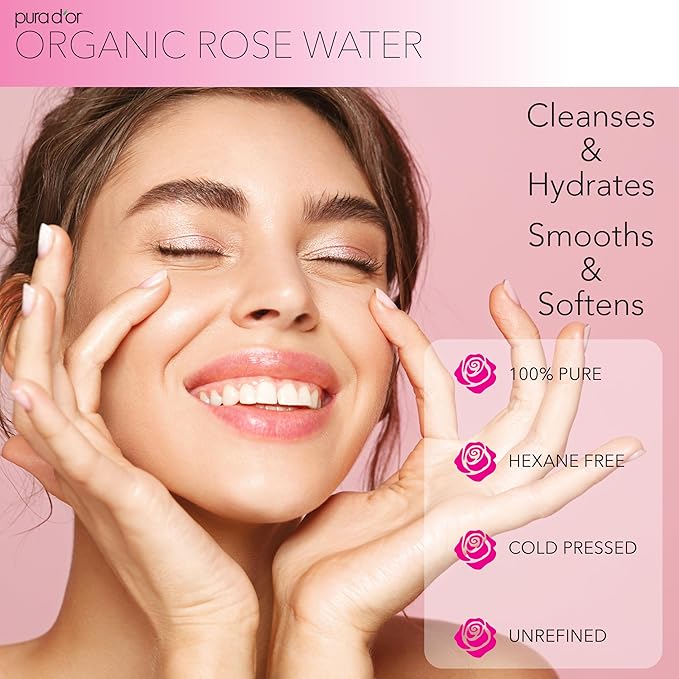 PURA D'OR 4 Oz Organic Rose Water Toner - USDA Certified 100% Pure Full Skin Hydration, Control Excess Oils- Cleanses & Softens - Promotes Healthy Skin - for All Skin Types (Packaging May Vary)
