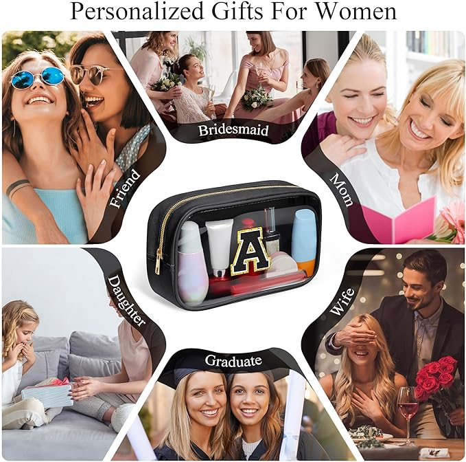YOOLIFE Travel Clear Makeup Bag Toiletry Bag, Make up Bag Waterproof Toiletry Bags for Women Cosmetic Bag Birthday Gifts for Women Personalized Mother Girlfriend Wife Bridesmaid Gifts Black Letter C
