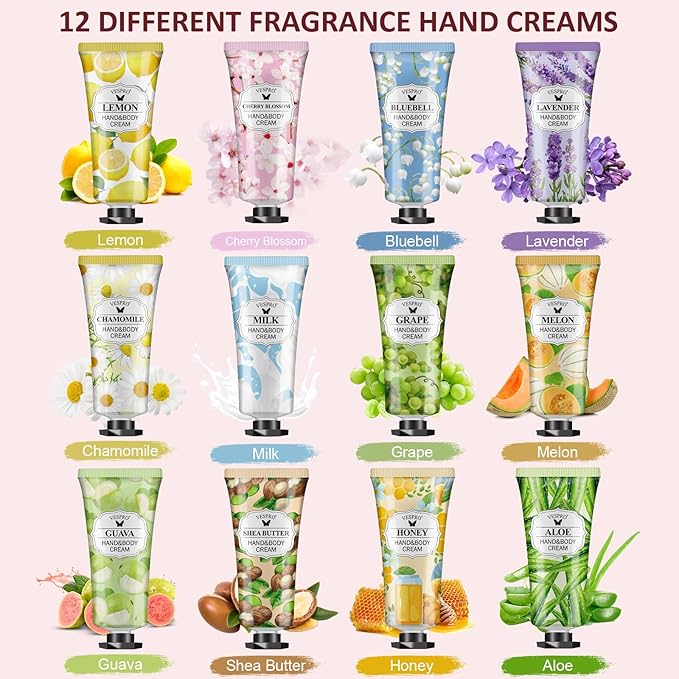 VESPRO 12 Pack Hand Cream Set For Women, Bulk Hand Lotion Travel Size for Dry Cracked Hands, Mini Moisturizing Hand Lotion for Teacher Appreciation Gifts, Thank You Gifts and Bridal Shower Favors