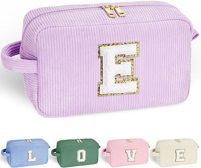 YOOLIFE Monogram Purple Make Up Bag - Cute Makeup Bag Travel Makeup Brush Bag Cosmetic Bags for Women Travel Must Haves Gifts for Wife Sister Friend Bridesmaid Girlfriend Gifts for Women Her Letter E