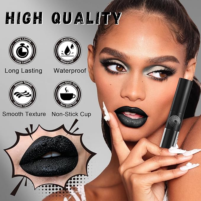 CAHIUYOA Black Matte Lipstick Lip Liner Set,Double Head Liquid Lipstick Lip Gloss Long Lasting Smudge Proof Black Lip Liner and Lipstick Set for Halloween Goth Cosplay Makeup