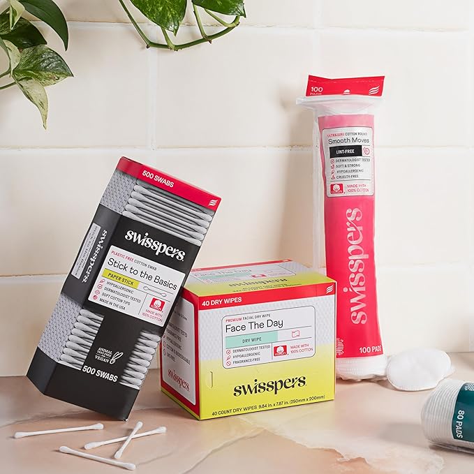 Swisspers Smooth Moves Ultra-Luxe Premium Cotton Rounds, Hypoallergenic Makeup Remover Pads for Sensitive Skin, USA Made, Vegan, Lint-Free, Paraben Free, 100 Count 6-Pack