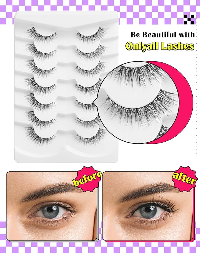 Onlyall Natural Lashes Wispy Lashes Natural Look False Eyelashes Natural Flared Eyelashes False Eye Lashes Soft Fluffy Lashes 7 Pairs D9 Natural Foxy-12mm