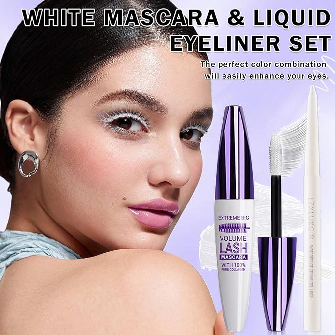 White Mascara and Eyeliner Set,5D Colored Volume and Length Waterproof,White Mascara for Eyelashes,Natural Lengthening Curling,Suitable for Women