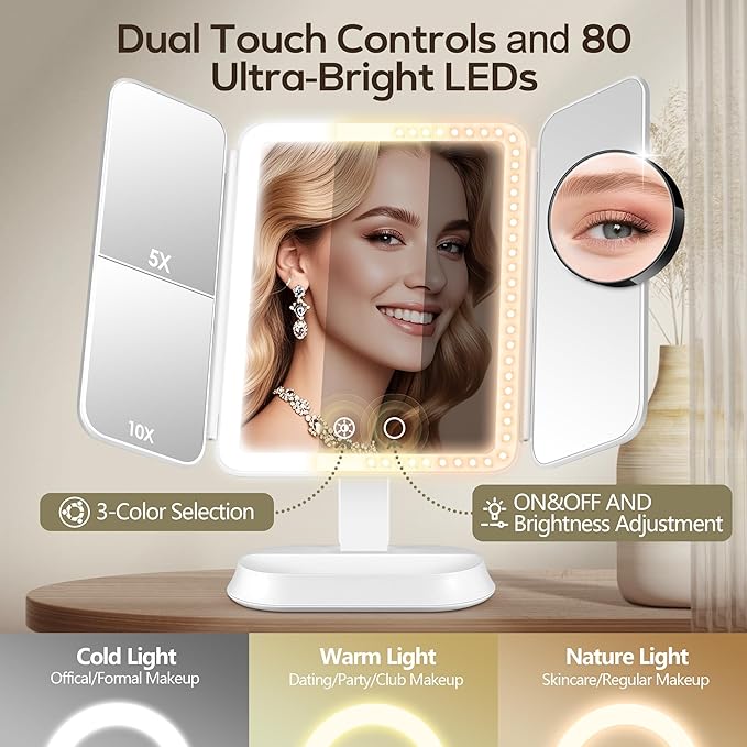 Lighted Makeup Mirror with 30X/10X/5X Magnification, Detachable Design for Travel, Rechargeable Trifold Mirror with 3 Color& Adjustable Brightness, Portable Makeup Mirror with Lights for Desk