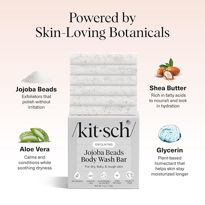 Kitsch Jojoba Beads Exfoliating Body Wash Bar – Nourishing Bar Soap with Shea Butter & Aloe for Dry, Flaky Skin – Soap bar & Body Scrub for Smooth, Refreshed Skin – Rosemary & Cedarwood Scent - 4 oz