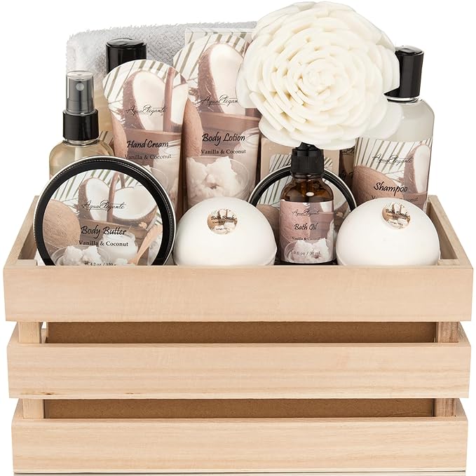 Bath Spa Gift Sets - Luxury Basket With Coconut & Vanilla - Spa Kit Includes Wash, Bubble Bath, Lotion, Bath Salts, Body Scrub, Body Spray, Shower Puff, Bathbombs, Soap and Towel