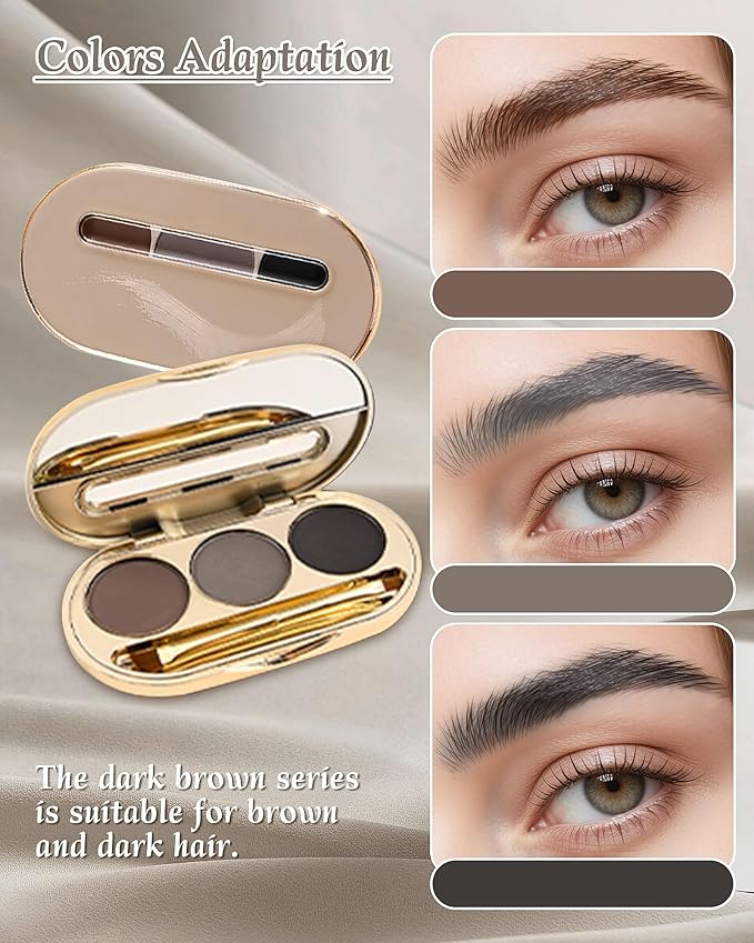 Waterproof Eyebrow Powder Kit - 3 Colors Long-Lasting Brow Powder Palette with Brush Razor & Stencil, Natural Tinting Powder for Women Sparse Brows | #02 Medium Brown, Grey, Black