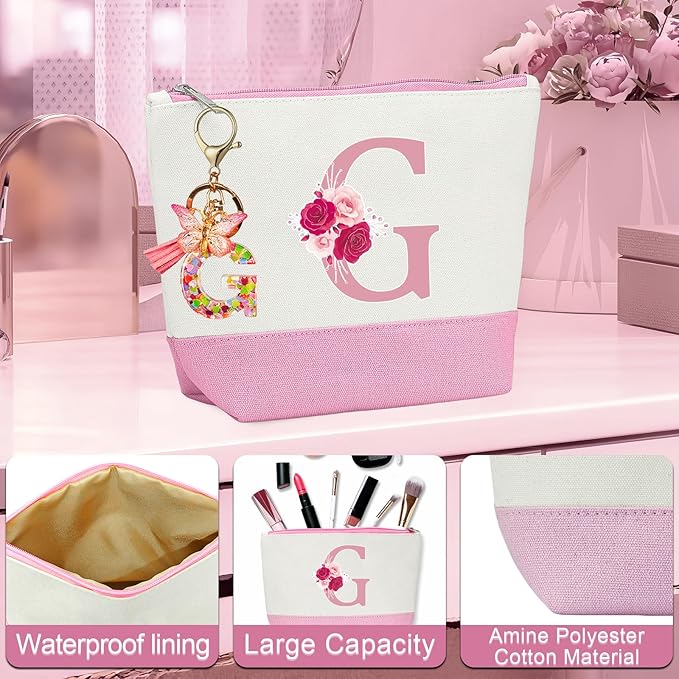 Monogrammed Gifts for Women,Personalized Gift for Women,Initial Canvas Tote Bag,16oz Initial Glass Cup,Makeup Bag for Sister,Jewelry Organizer Box,Birthday Gifts for Aunt Niece-G