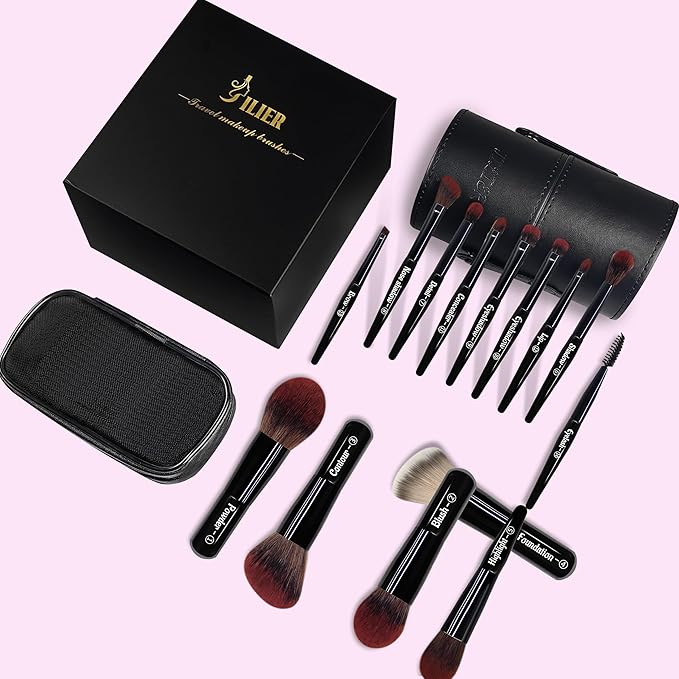 Jilier Travel Makeup Brush Set, 14 pcs Mini Makeup Brushes for Foundation, Powder, Eyeshadow, Highlight, Contour, Blush & Concealer, Small Makeup Brush Set Purse Size with Case (Black)