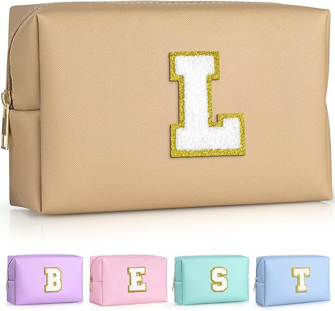 TOPEAST Personalized Birthday Gifts for Women, Preppy Patch Makeup Bag, Chenille Letter Pouch Cosmetic Bag, Travel Organizer, Gifts for Friends, Cute Stuff for Women (Khaki L)