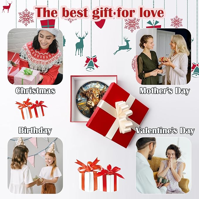 Stained Glass Window Hanging - Funny Cow Flower Suncatcher Ready to Hang Window Doors Home Decoration and Christmas, Mother's Day Birthday Gifts for Women, Men, and Mom 14.9x14.9 in