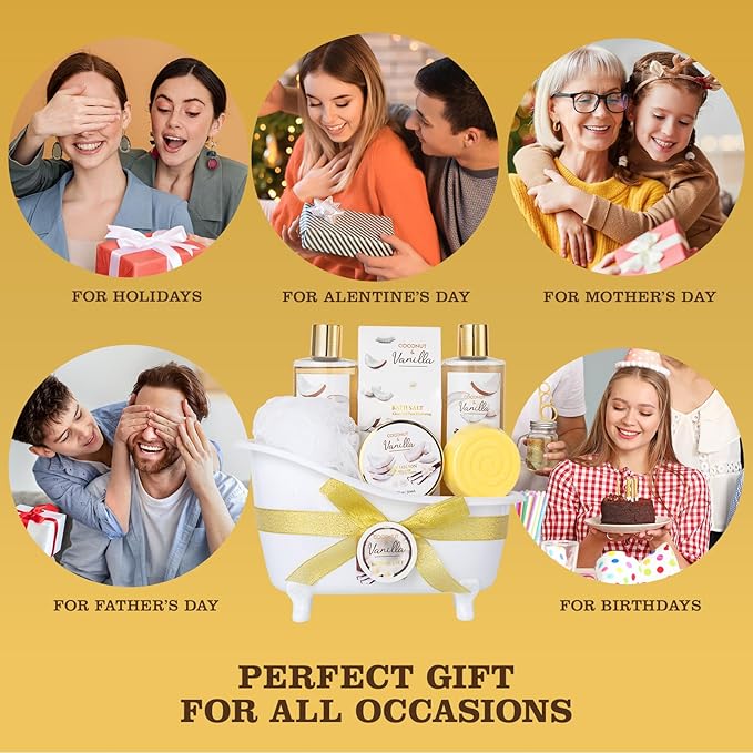 Christmas Gifts for Women and Men - 8-Piece Luxury Coconut Vanilla Bath & Body Gift Set for Women Self Care Kit Spa Gift Baskets | Perfect Gifts for Mom, Birthday Gifts, All Occasion Holiday Present