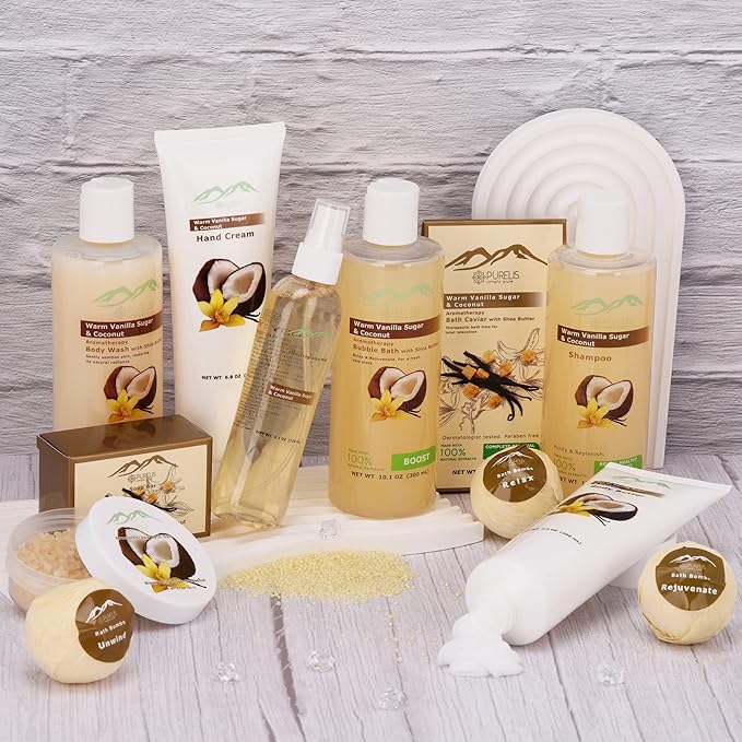 Vanilla Coconut Spa Gift Set Bath & Body Gift Basket. Natural Large Spa Basket! #1 Spa Gift Basket for Women and Men!