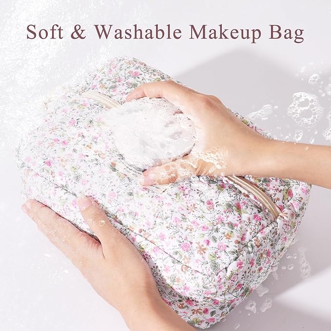 Anfly Makeup Bag, Quilted Cosmetic Bags, Large Floral Make Up Bag, Cute Makeup Bag 3PC Set for Women Girls (Little Flowers)