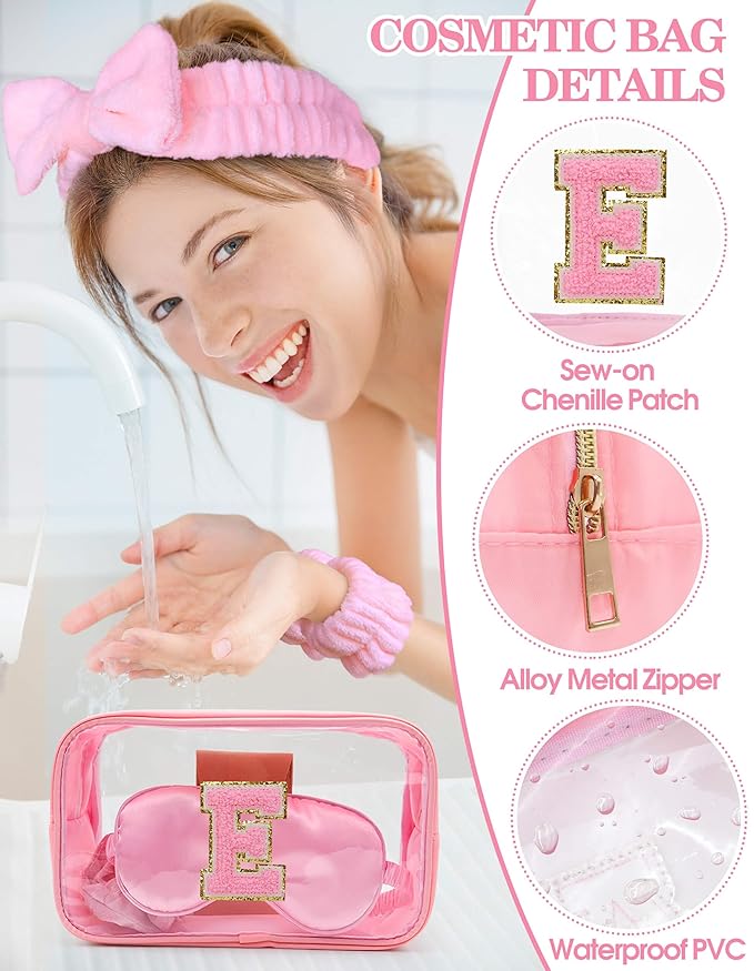 Gift Sets for Women, Initial Makeup Bag with Makeup Brush Set Bachelorette Party Favors, Pink Spa Kit with Skincare Headbands Wrist Bands Sleepover Party Supplies Gifts for Teen Girls Bridesmaid E
