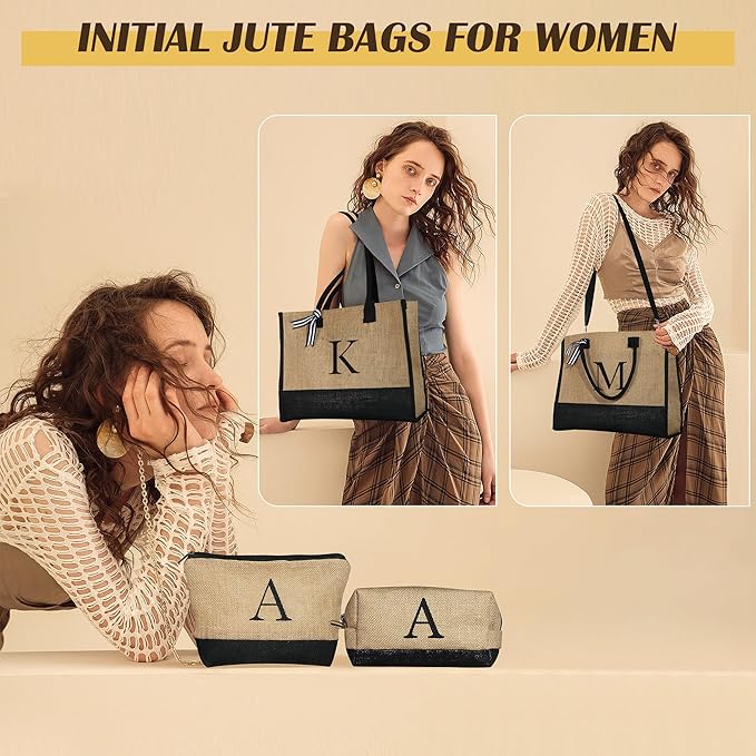 YOOLIFE Gifts for Women - Initial Jute Tote Bag & 2 Makeup Bags Personalized Gifts for Women Teacher Mom Friend Birthday