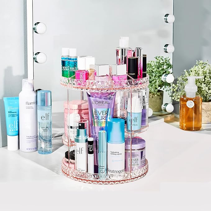 Sorbus 360 Rotating Makeup Organizer - Spinning Acrylic cosmetics organizer, Adjustable Shelves for Make Up, Perfume & Toiletries for Vanity, Bathroom, Bedroom, Closet [Pink]