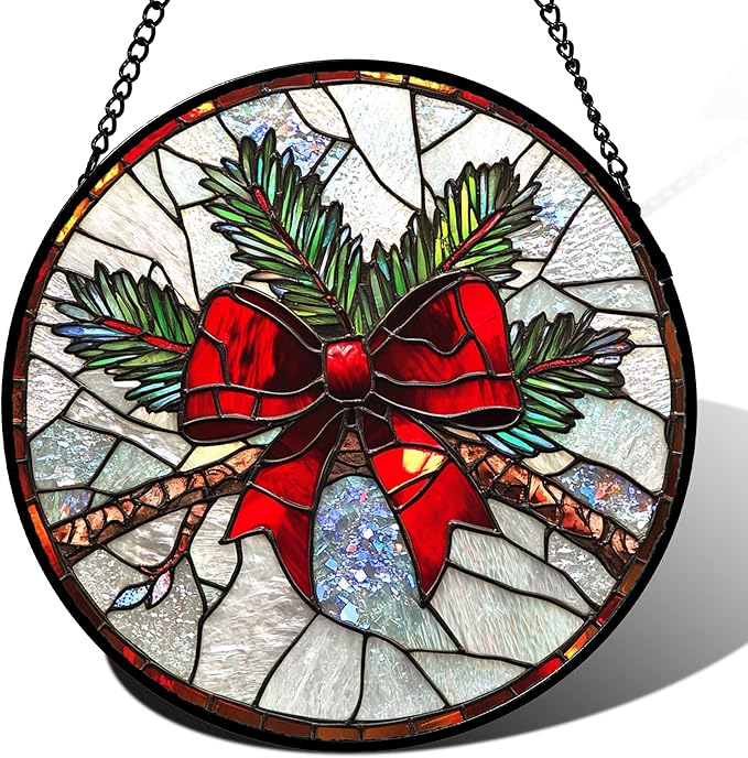 Stained Glass Window Hanging - Pine Branches Red Bow Suncatcher for Doors Home Christmas Decoration Silver Sun Catcher Thanksgiving New Year Birthday Gifts for Women Men Mom Nana 15 in
